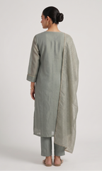 Sage Grey Embroidered Silk Pant Suit Set