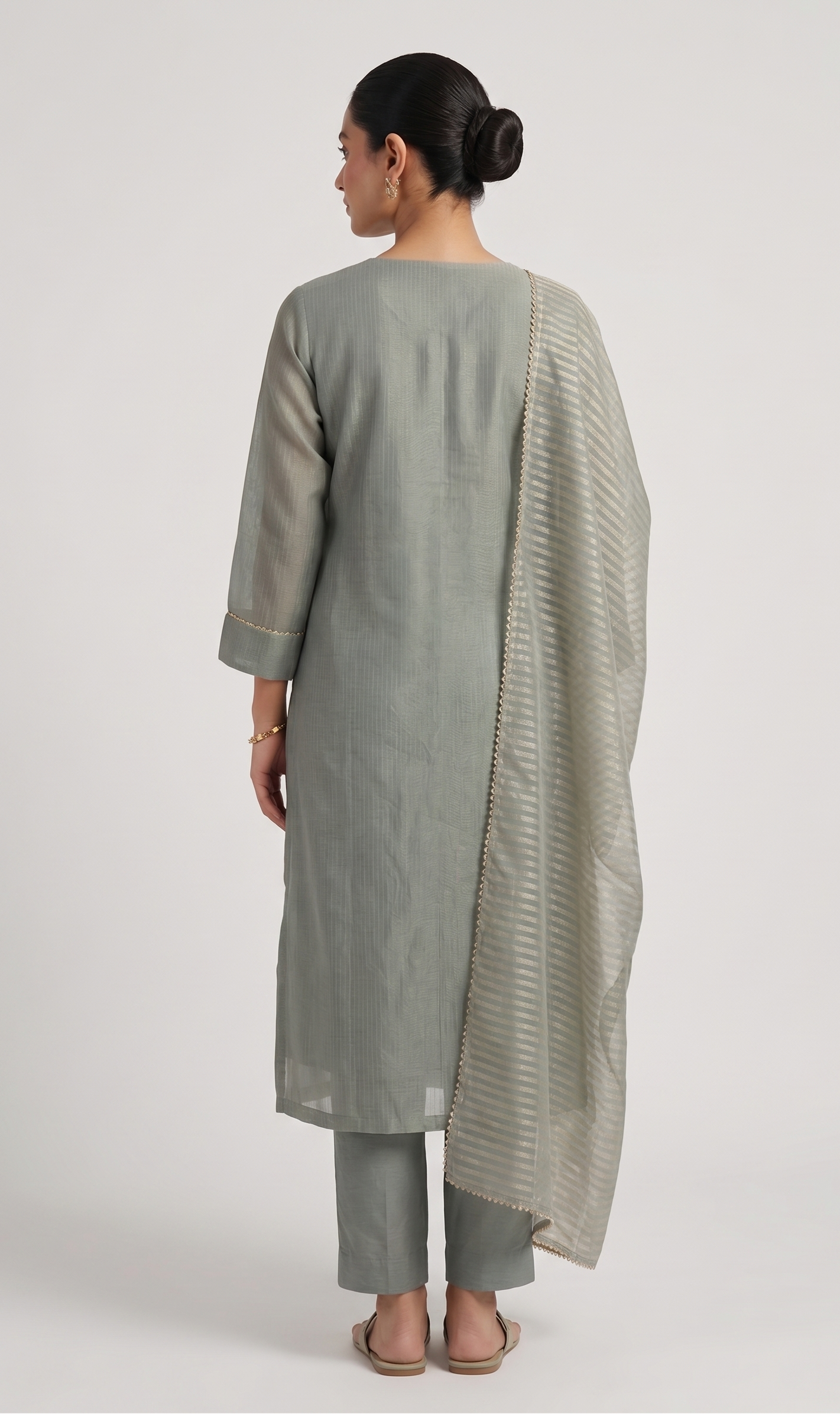 Sage Grey Embroidered Silk Pant Suit Set