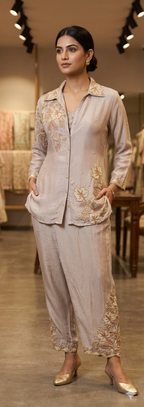 Dusty Rose Embroidered Shirt and Palazzo Cord Set (MR-3611 GA-22)