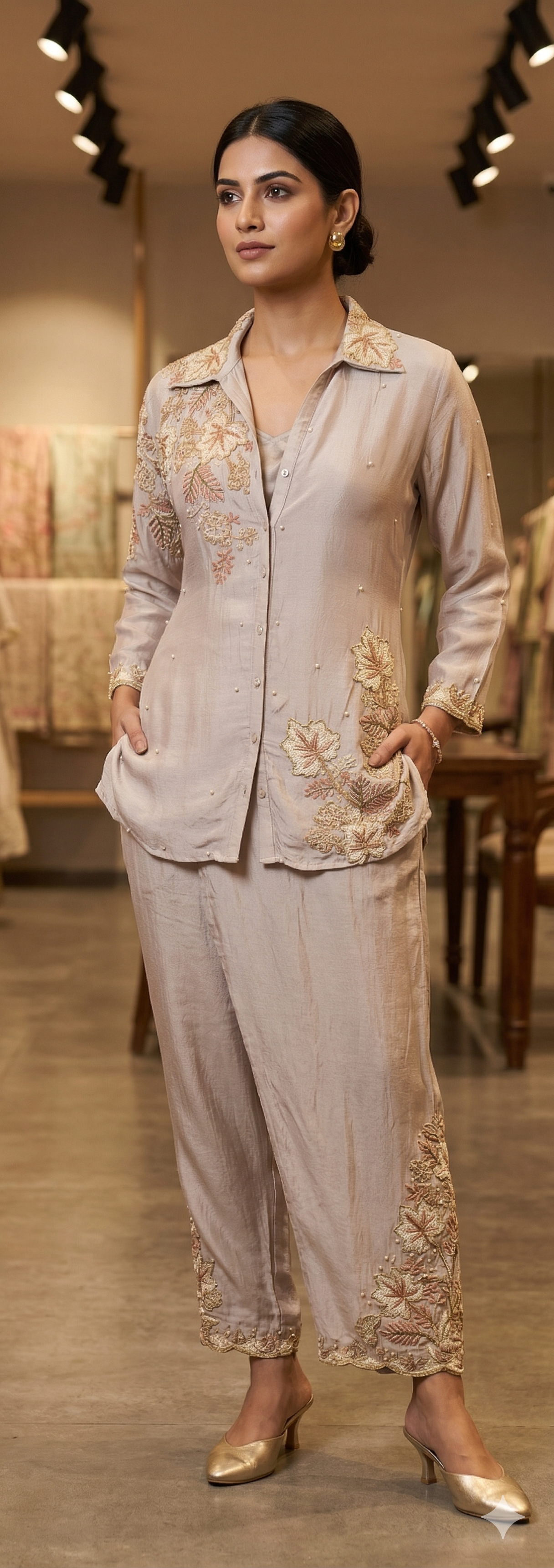 Dusty Rose Embroidered Shirt and Palazzo Cord Set (MR-3611 GA-22)