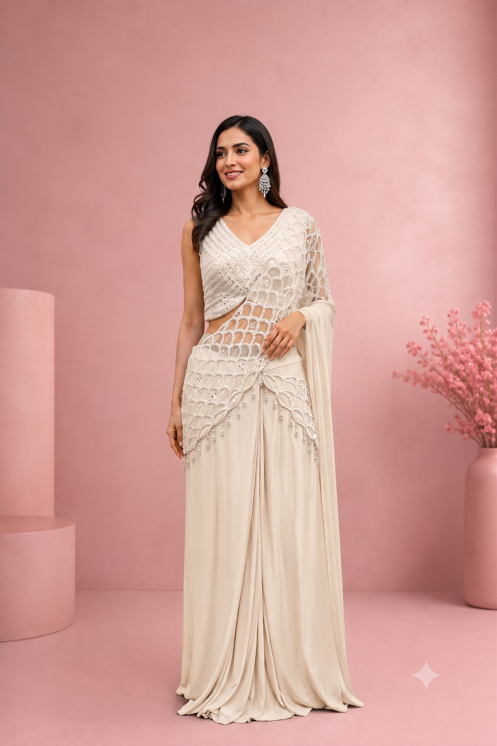 Ivory Net-Overlay Pre-Draped Saree Main image