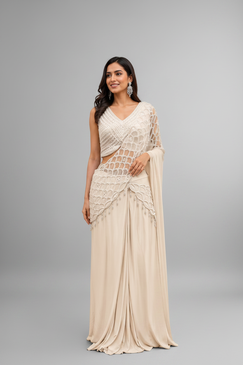 Ivory Net-Overlay Pre-Draped Saree Main image