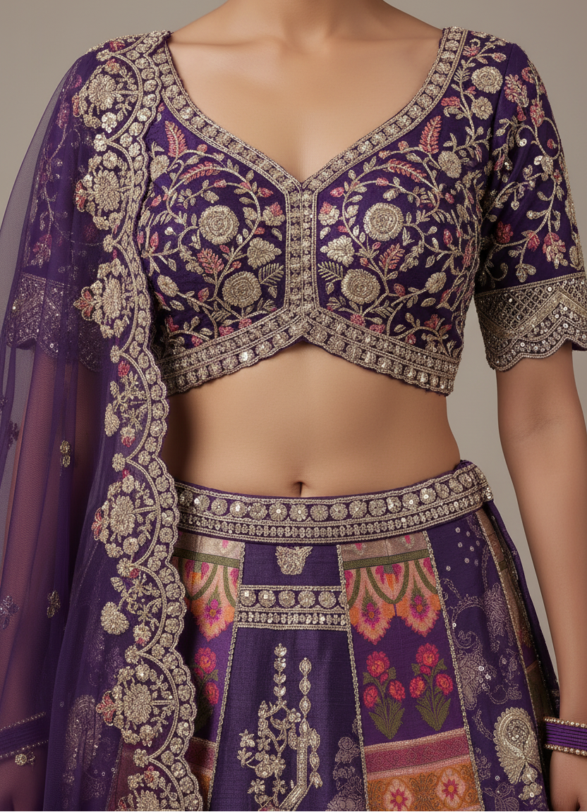 Royal Plum Patchwork & Embroidered Lehenga Secondary image