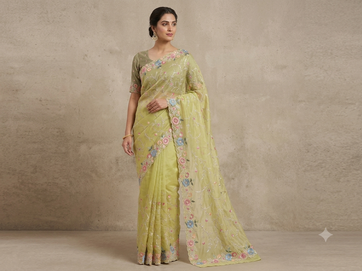 Pistachio Green Organza Saree with Floral Embroidery Main image