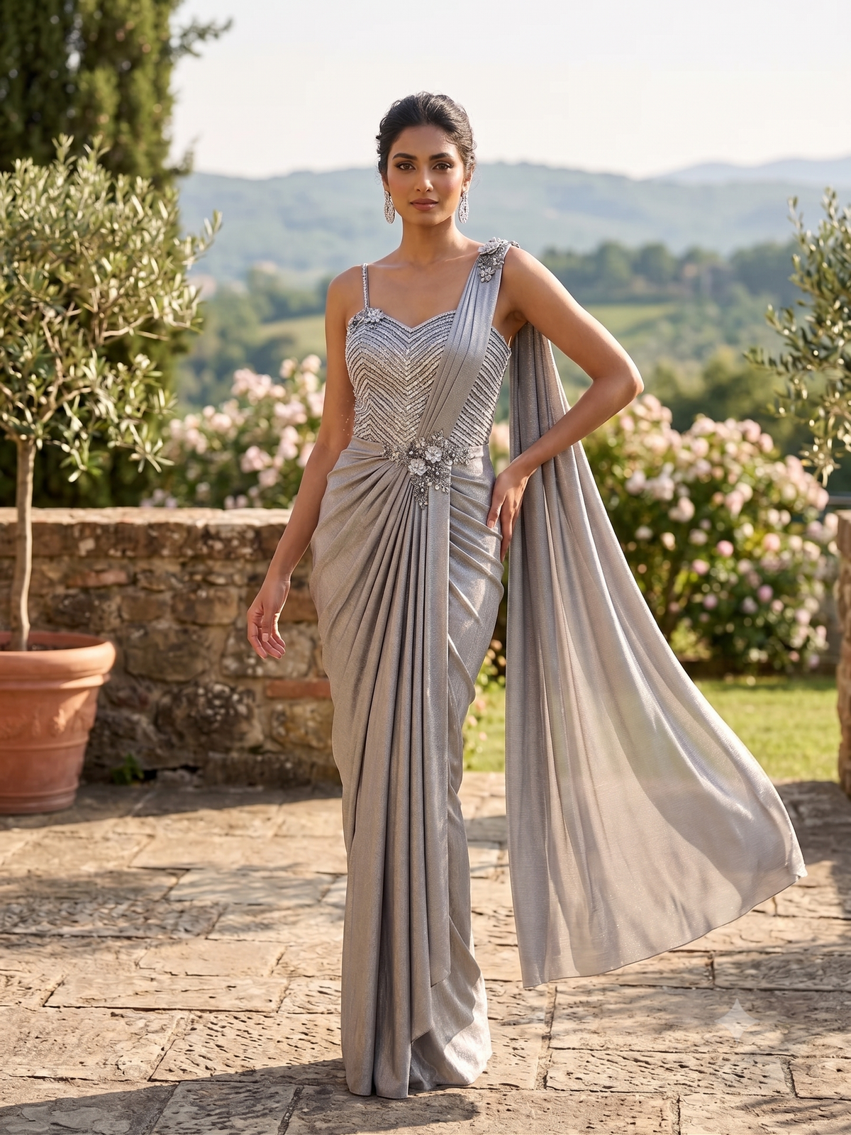 Metallic Champagne Sculpted Drape Saree