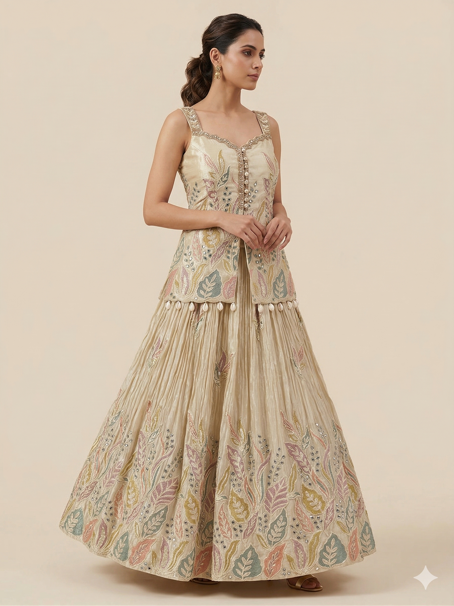 Champagne Gold Peplum Lehenga Set Main image