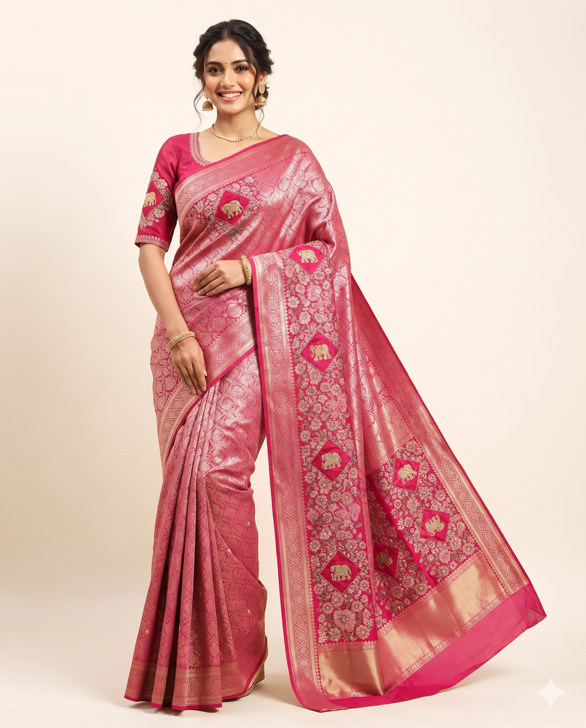 Rani Pink Floral Brocade Saree