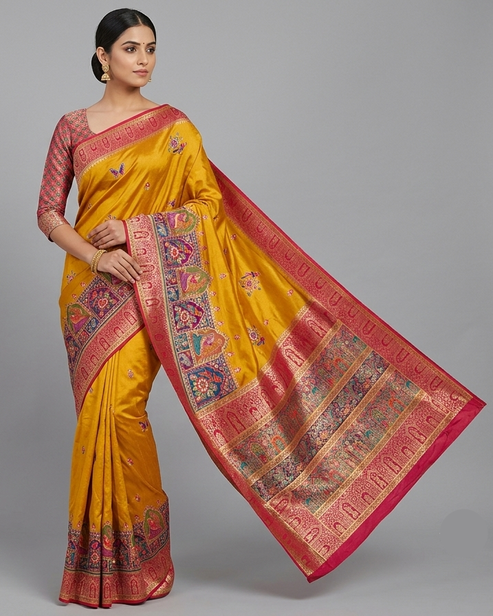 Yellow Soft Saree with Traditional Paisley Motifs Main image
