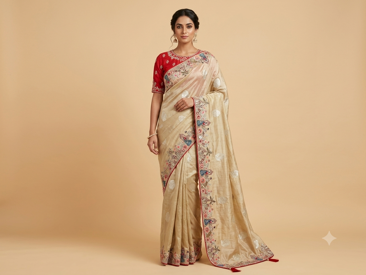 Beige Soft Fabric Saree with Floral Embroidered Border