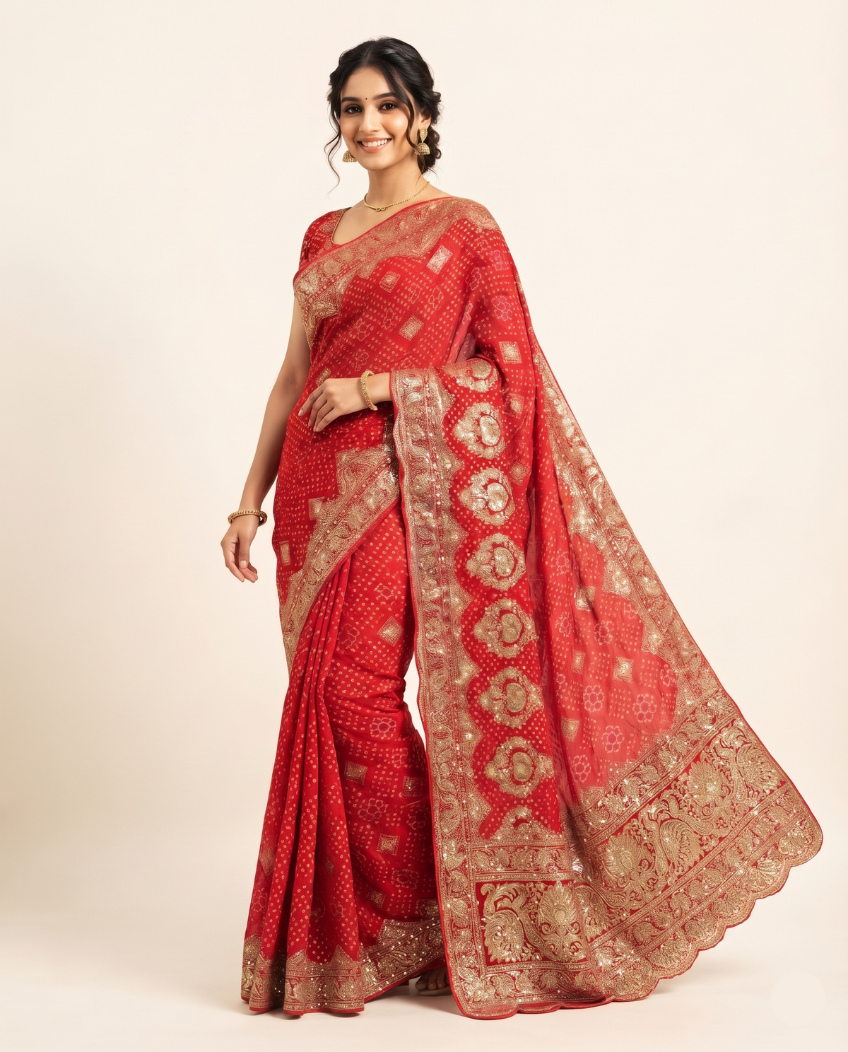 Red & Gold Bandhani-Style Saree Main image