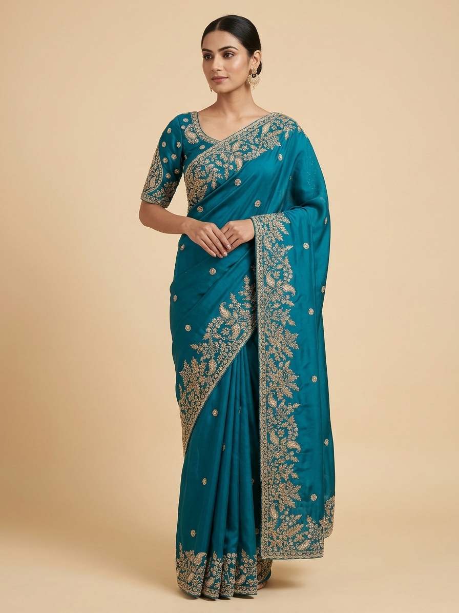 Teal Blue Silk Saree with Golden Floral Embroidery and Ornate Border Main image