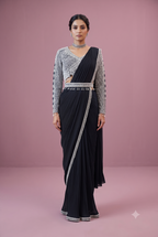 Geometric Embroidered Pre-Draped Saree