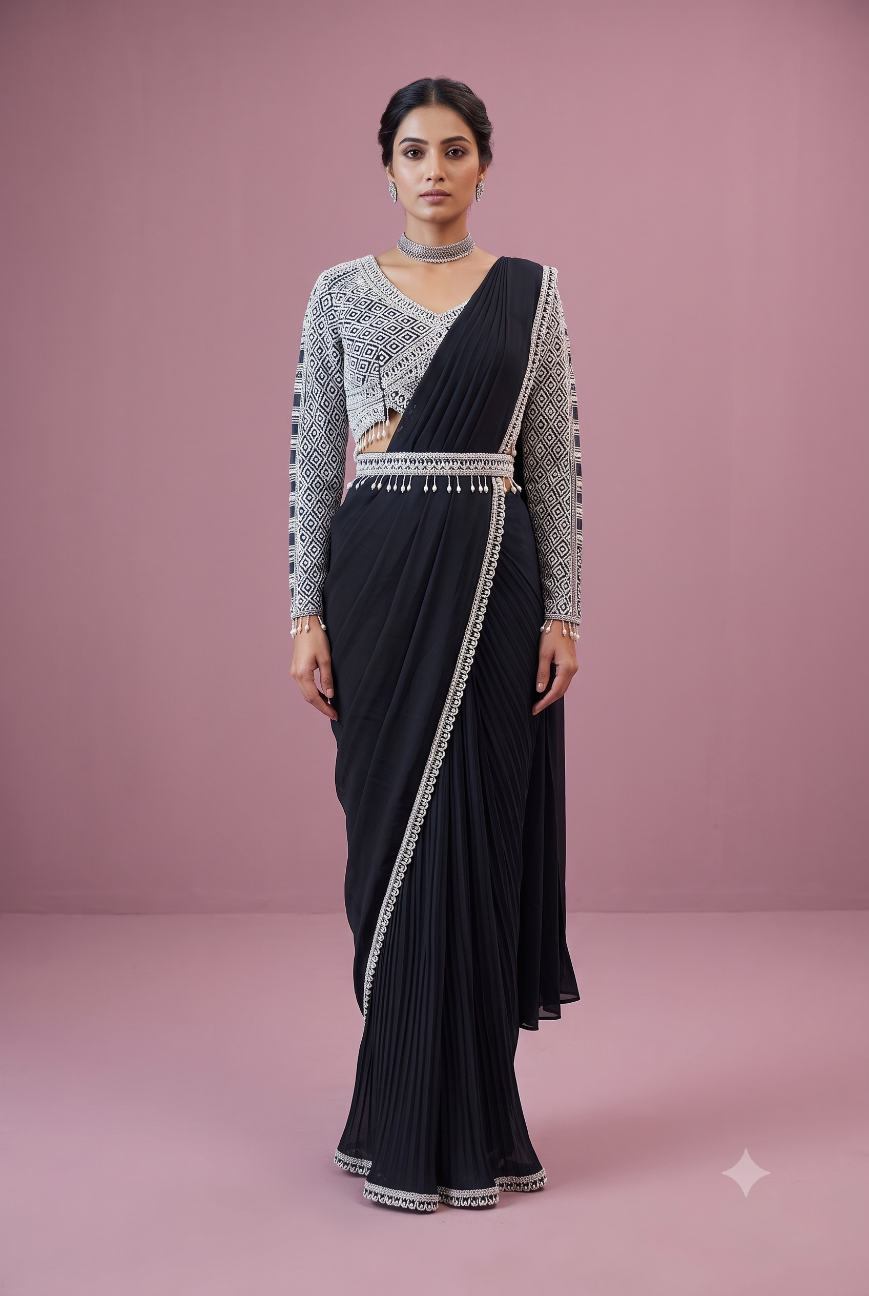 Geometric Embroidered Pre-Draped Saree