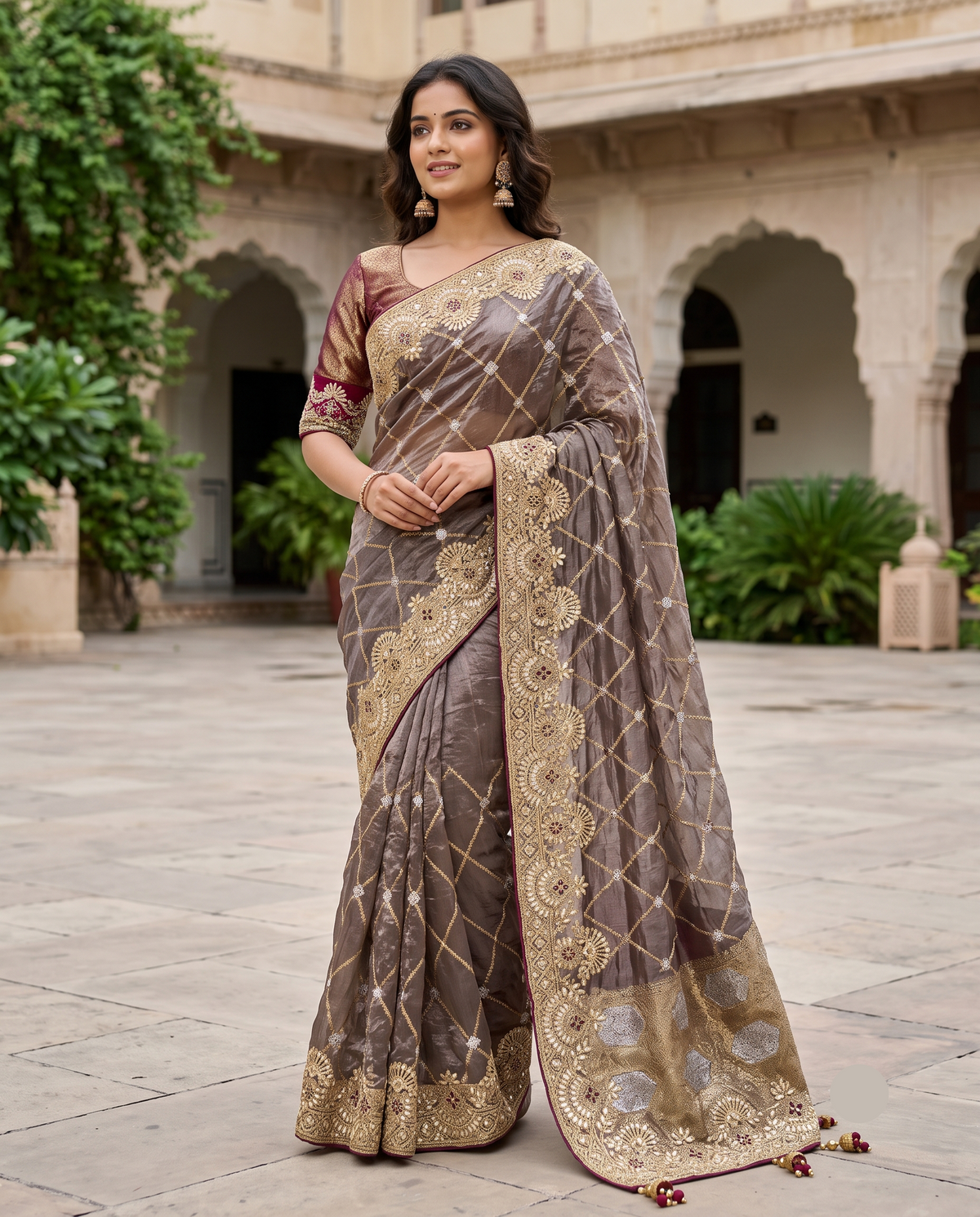 Taupe Designer Saree with Golden Floral Embroidery-Style Work
