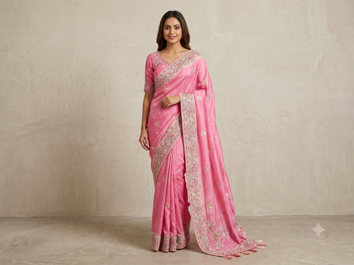 Pink Soft Fabric Saree with Floral Embroidered Border