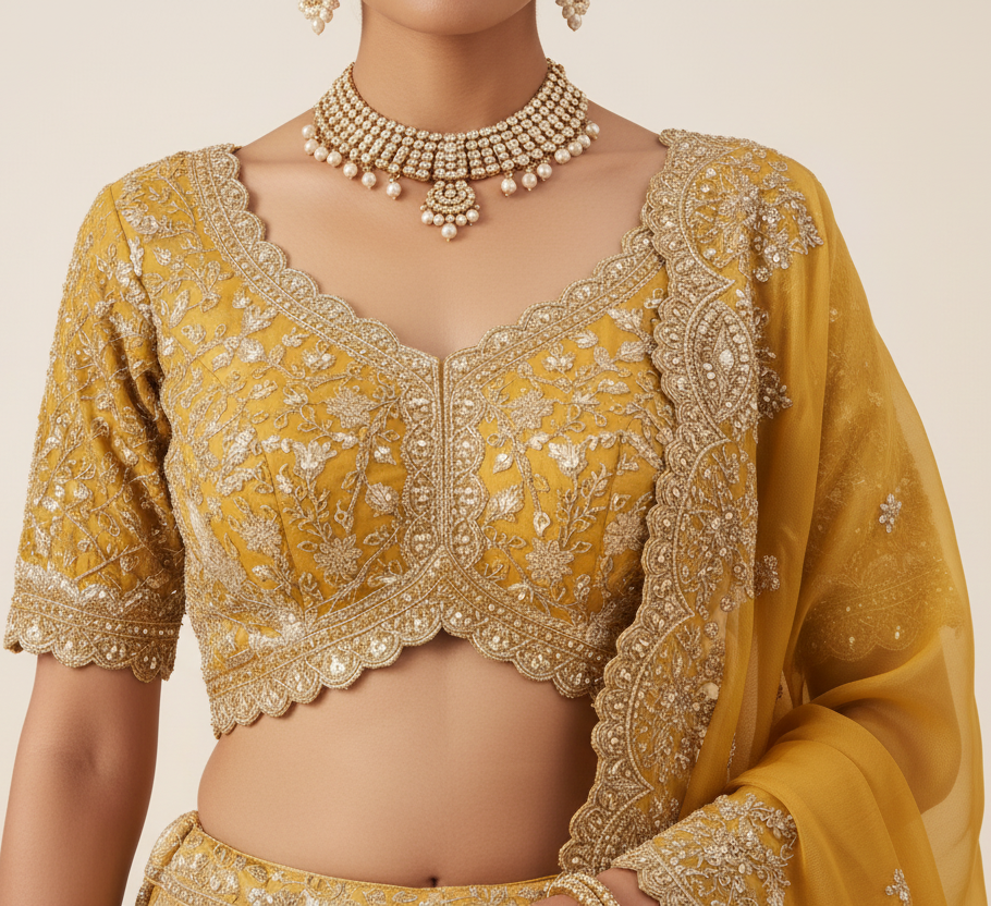 Radiant Mustard Embroidered Silk Lehenga Set Secondary image