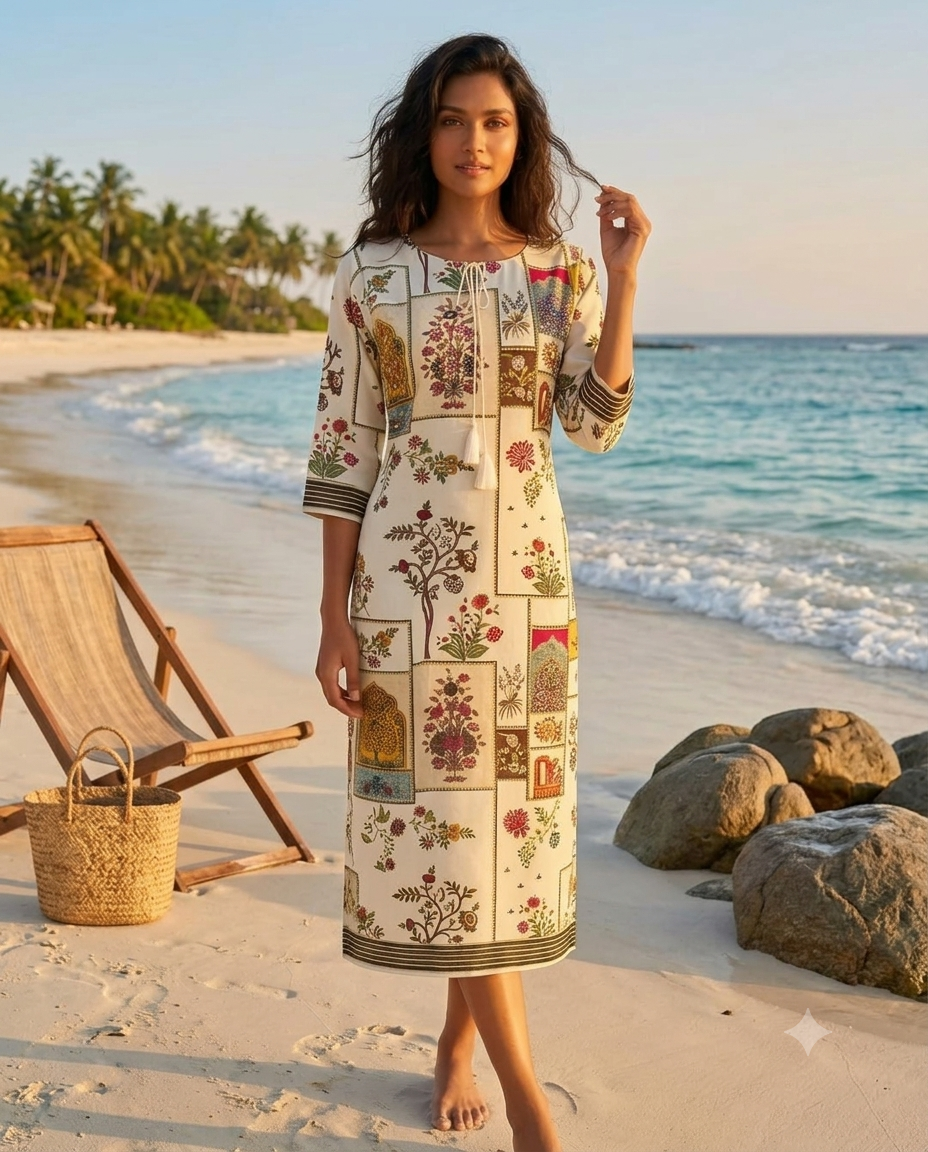 Off-White Printed Patchwork Cotton Linen Kurti Main image
