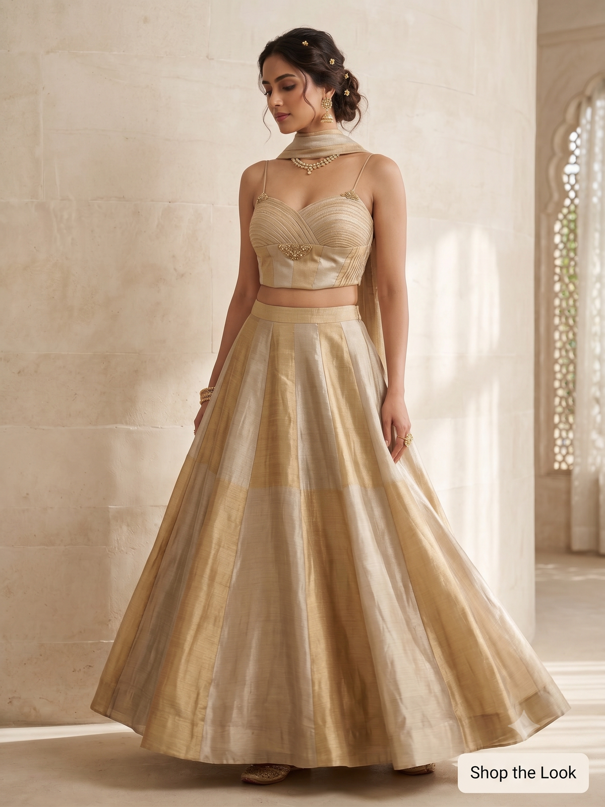 Metallic Gold & Champagne Striped Tissue Silk Lehenga Set