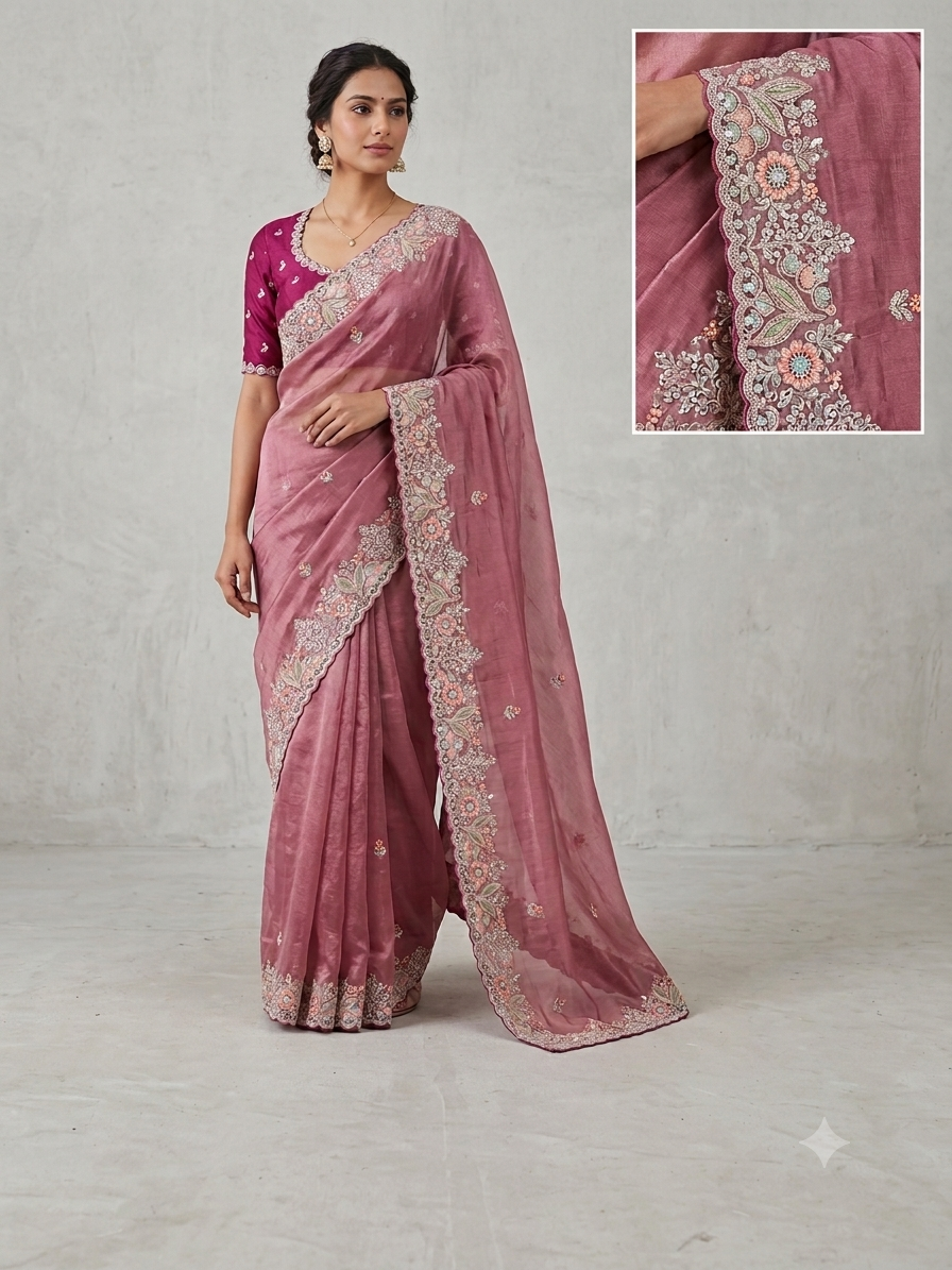 Elegant Pink Tissue Saree with Intricate Floral Embroidery