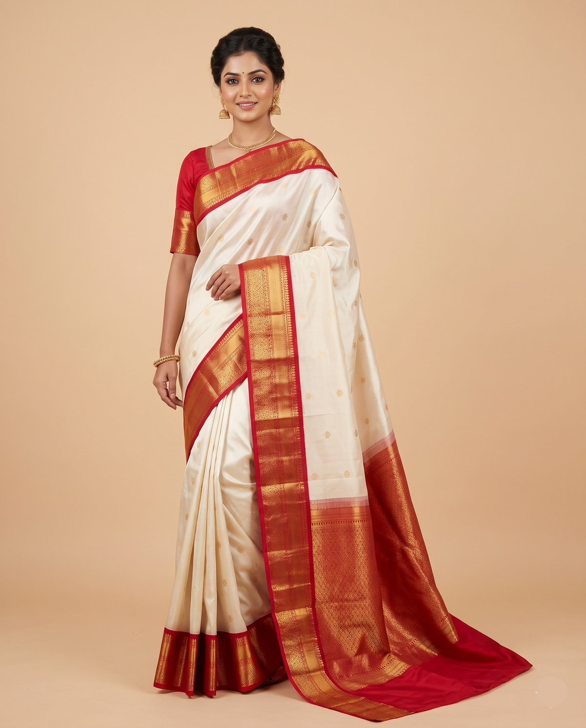 Off-White & Crimson Red Kanjivaram Silk Saree Main image