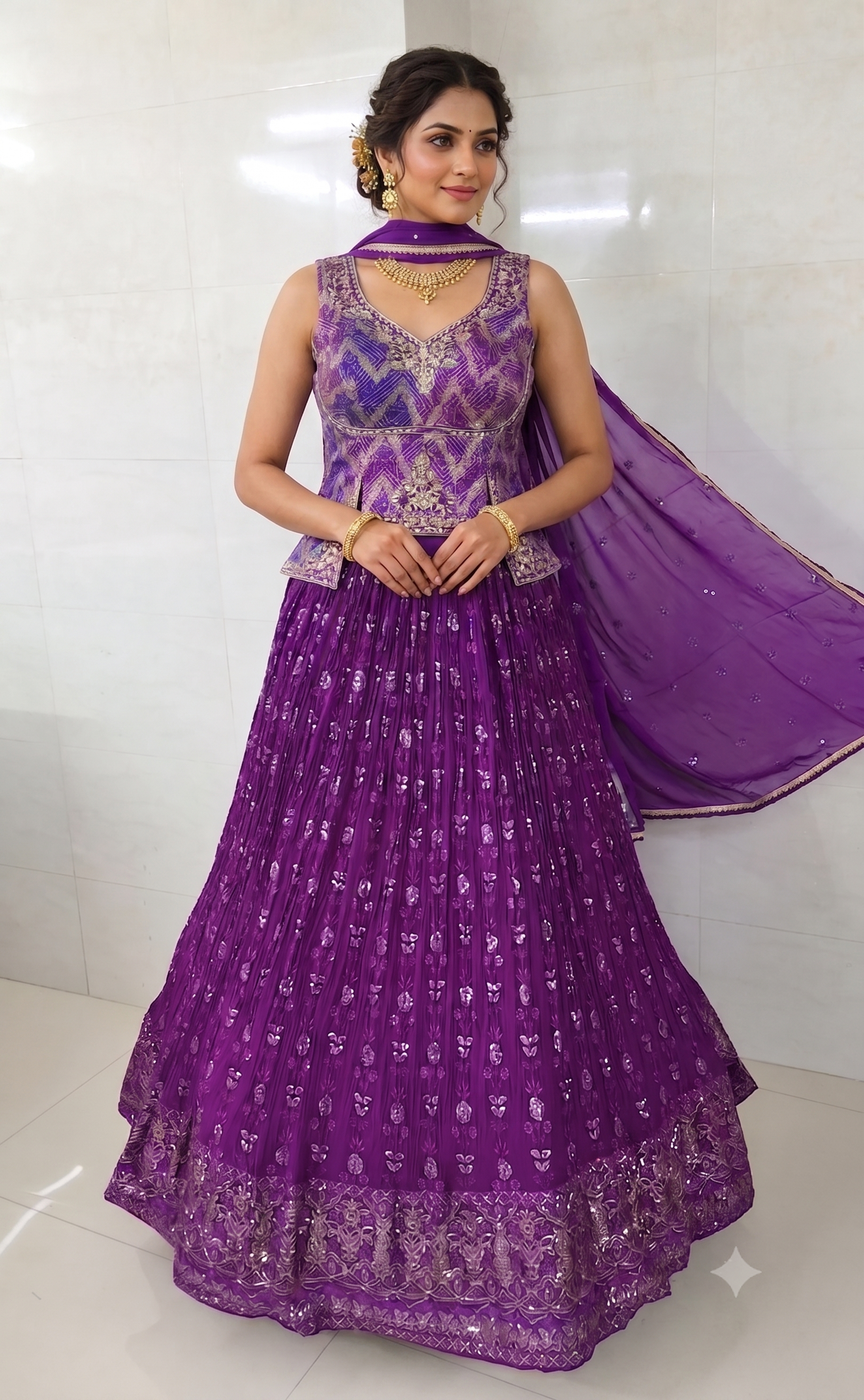 Royal Violet Chevron Peplum Lehenga Set Main image