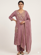 Mauve Silk Suit Set with Embroidered Pockets