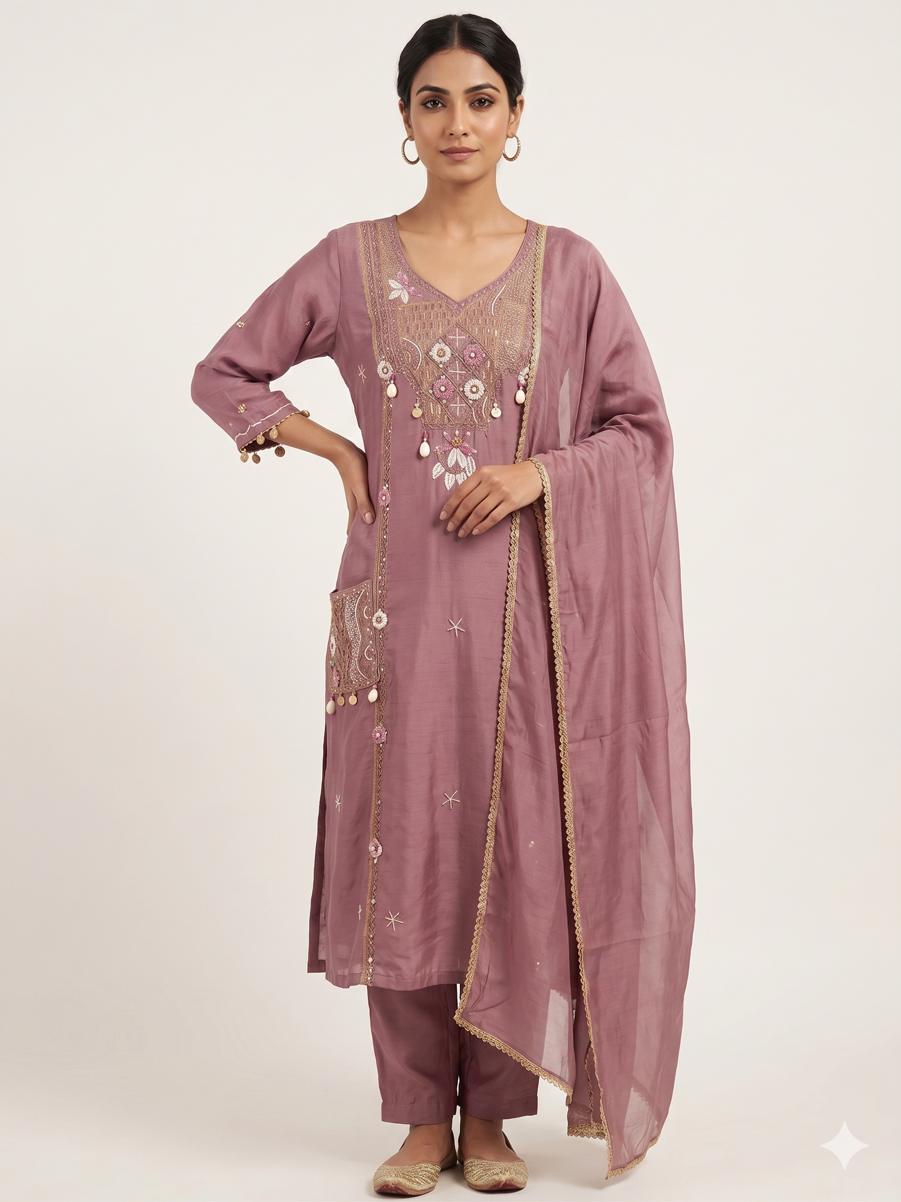 Mauve Silk Suit Set with Embroidered Pockets