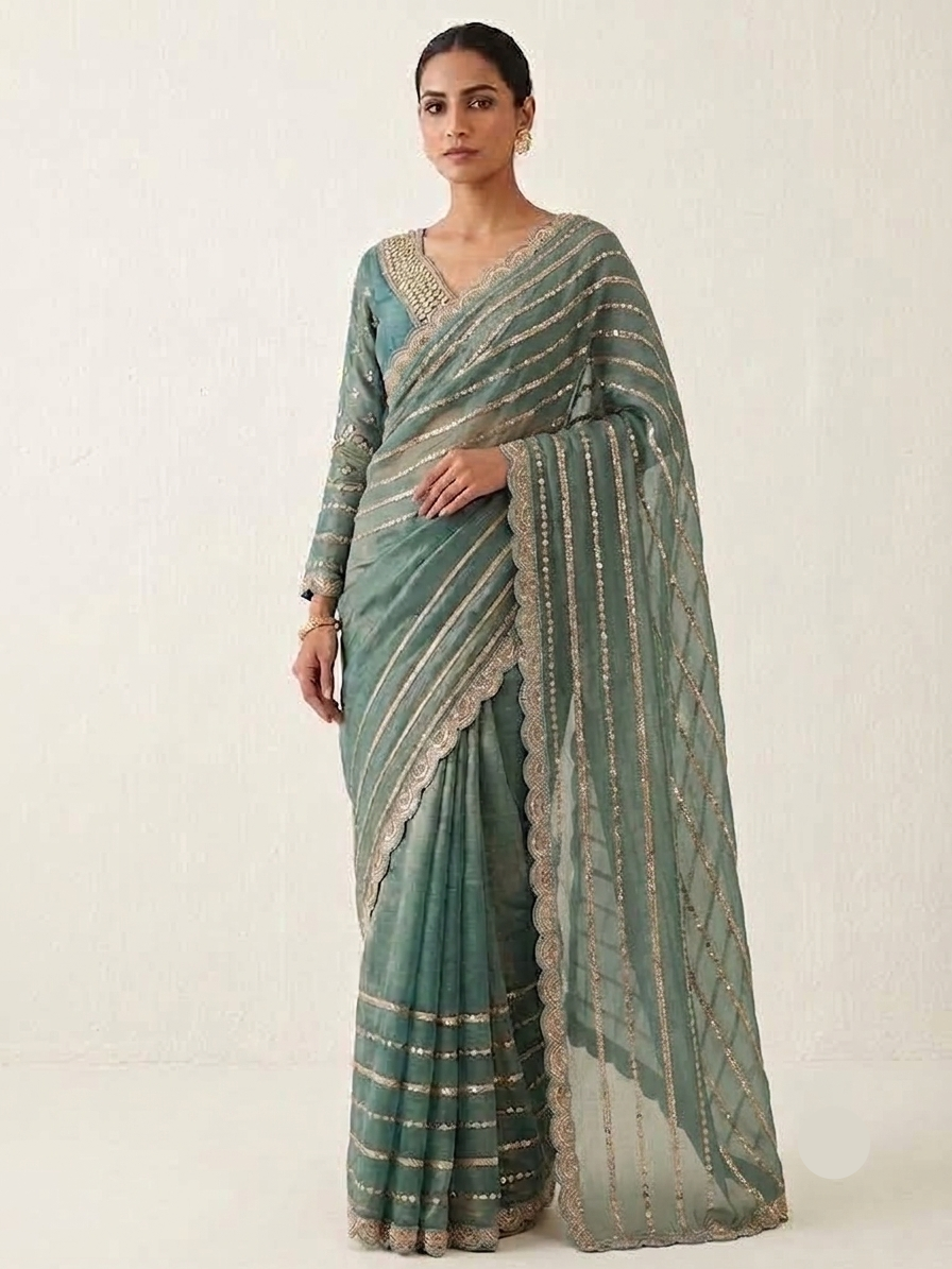 Elegant Dusty Blue Jimmy Choo Saree with Golden Stripes Main image