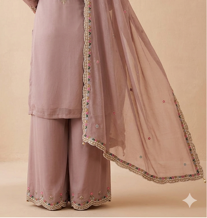 Shop Elegant Mauve Kurti Palazzo Set with Multicolor Thread Work for women