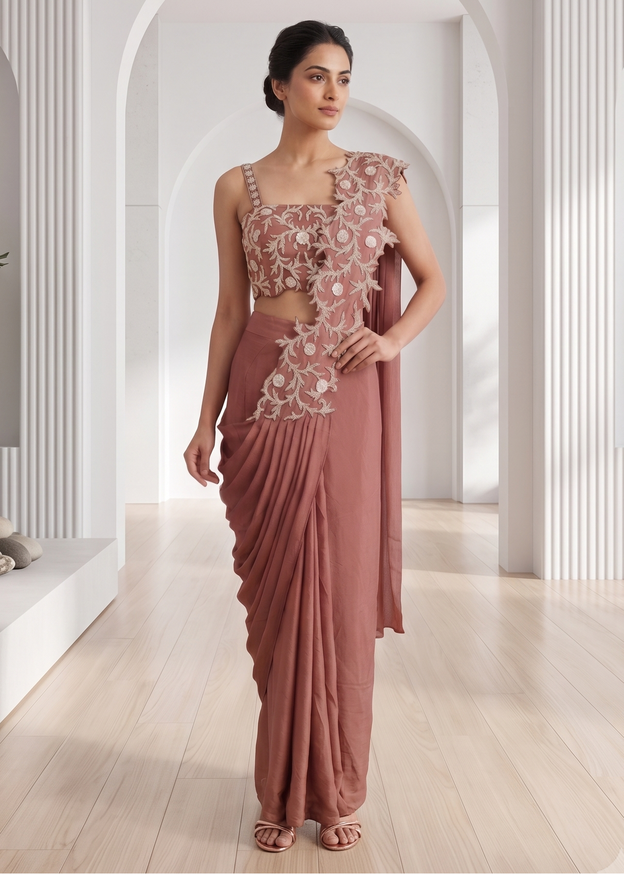 Embroidered Cutwork Pre-Draped Saree
