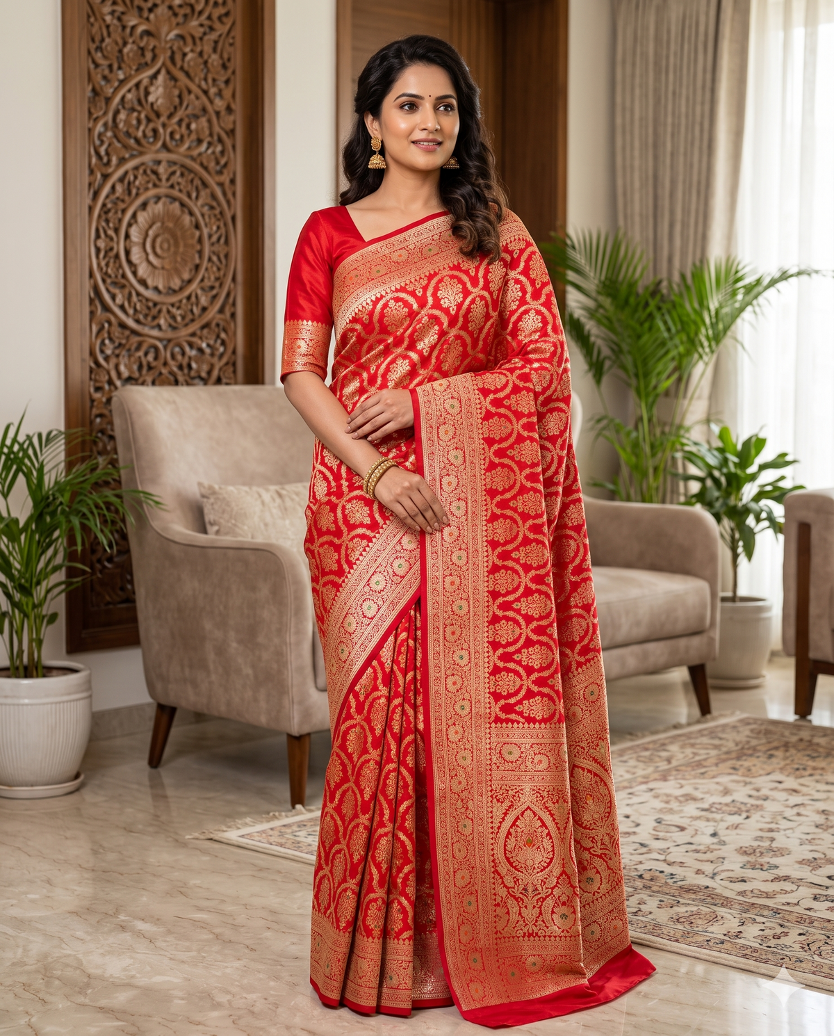 Royal Red Banarasi-Style Saree with Golden Zari Floral Jaal Work