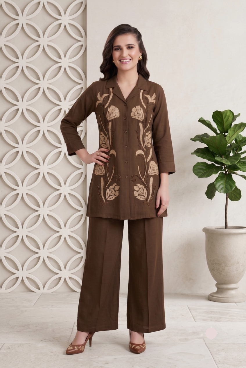Chocolate Brown Floral Embroidered Shirt Kurti Co-Ord Set