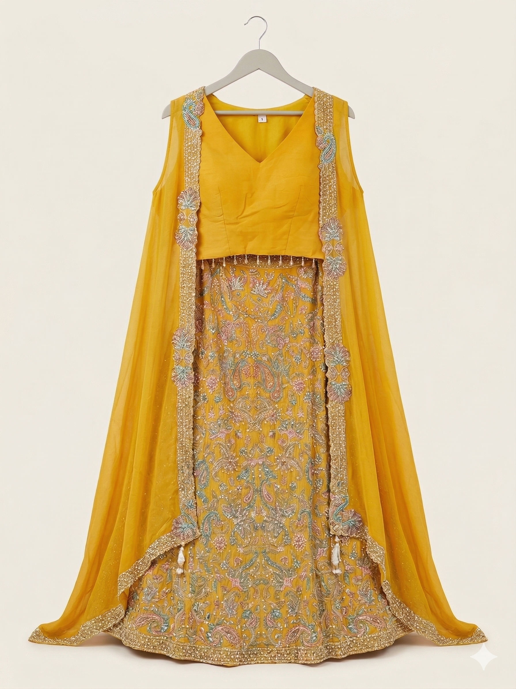 Embroidered Crop-Top Skirt with Cape