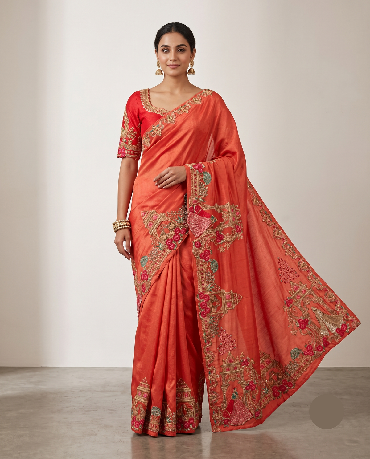 Rust Soft Saree with Traditional Embroidery Main image