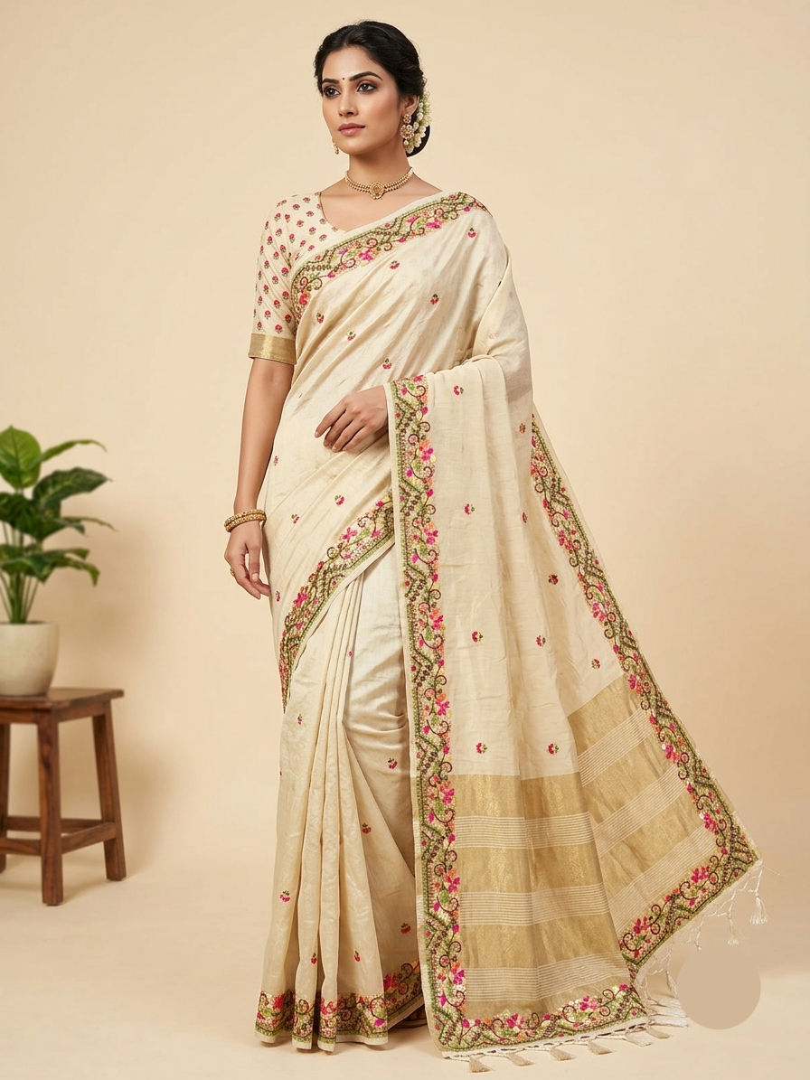 Cream Soft Fabric Saree with Floral Embroidery and Designer Border Main image