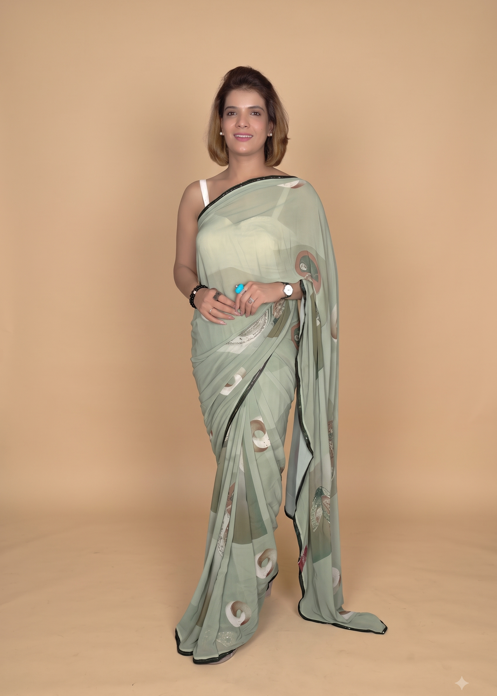 Chic Sage Green Printed Saree Main image