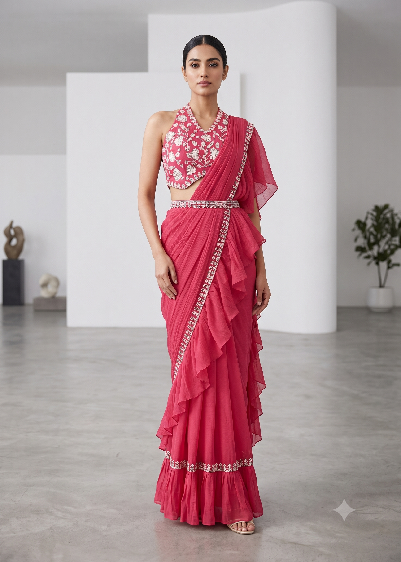 Rani Pink Ruffled Pre-Draped Saree Main image