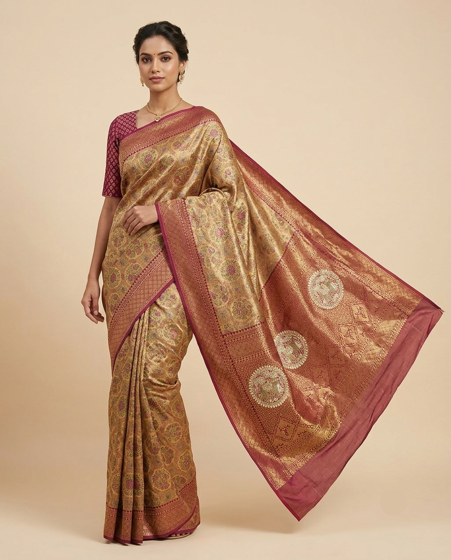 Red Banarasi Silk Saree with Ornate Elephant Medallion Pallu