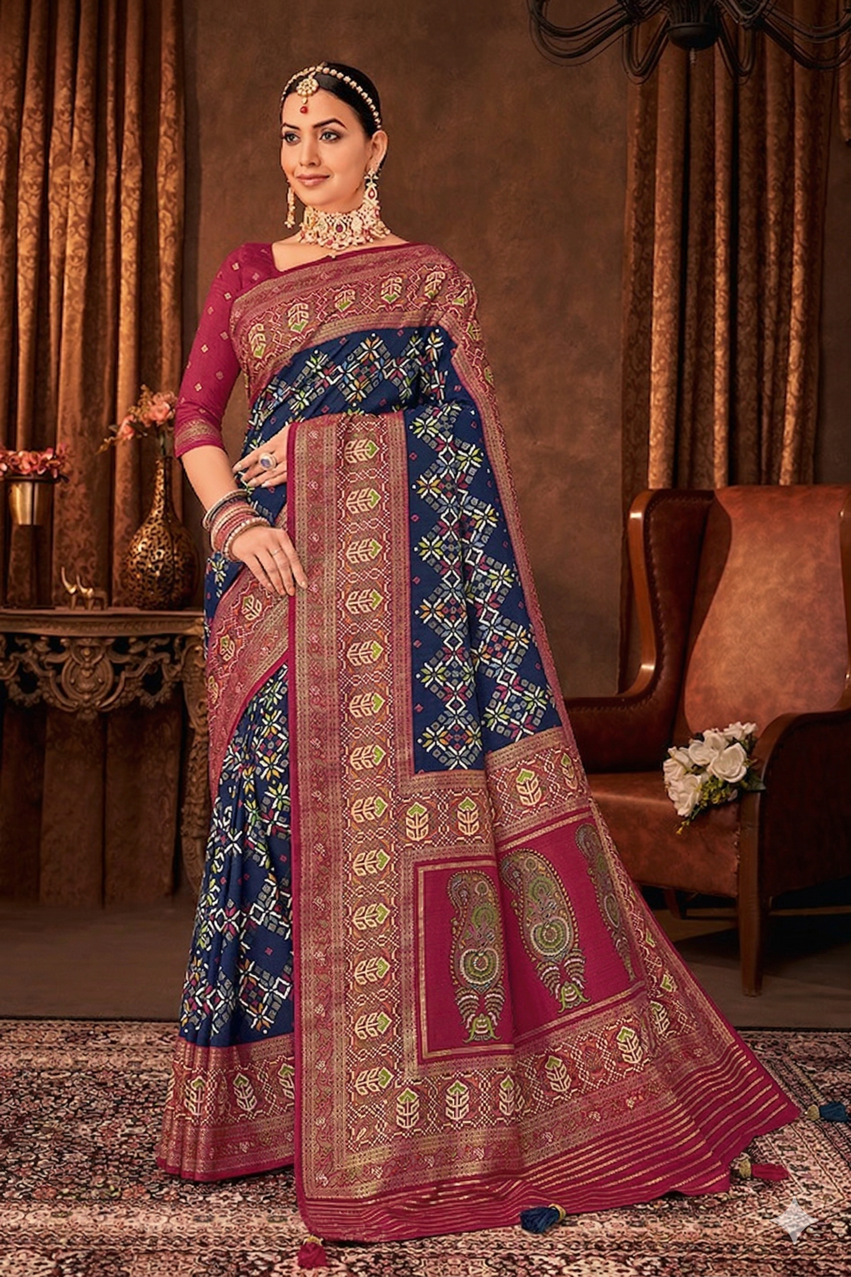 Midnight Blue & Magenta Patola Silk Saree Main image
