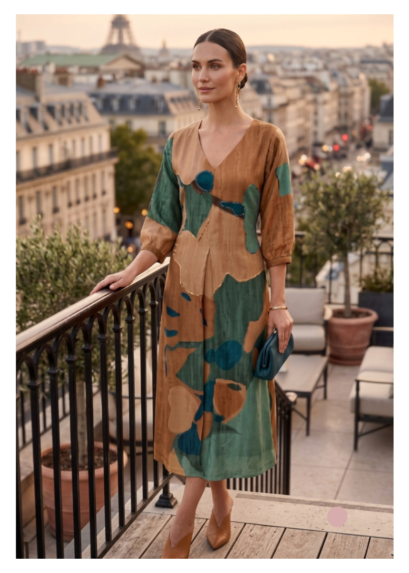 Ochre & Jade Abstract Printed Silk Tunic Main image