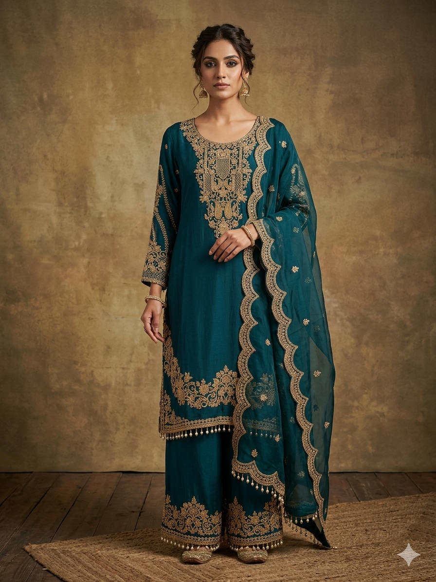 buy Bottle Green Georgette-Silk Kurti Set with Gold Embroidery