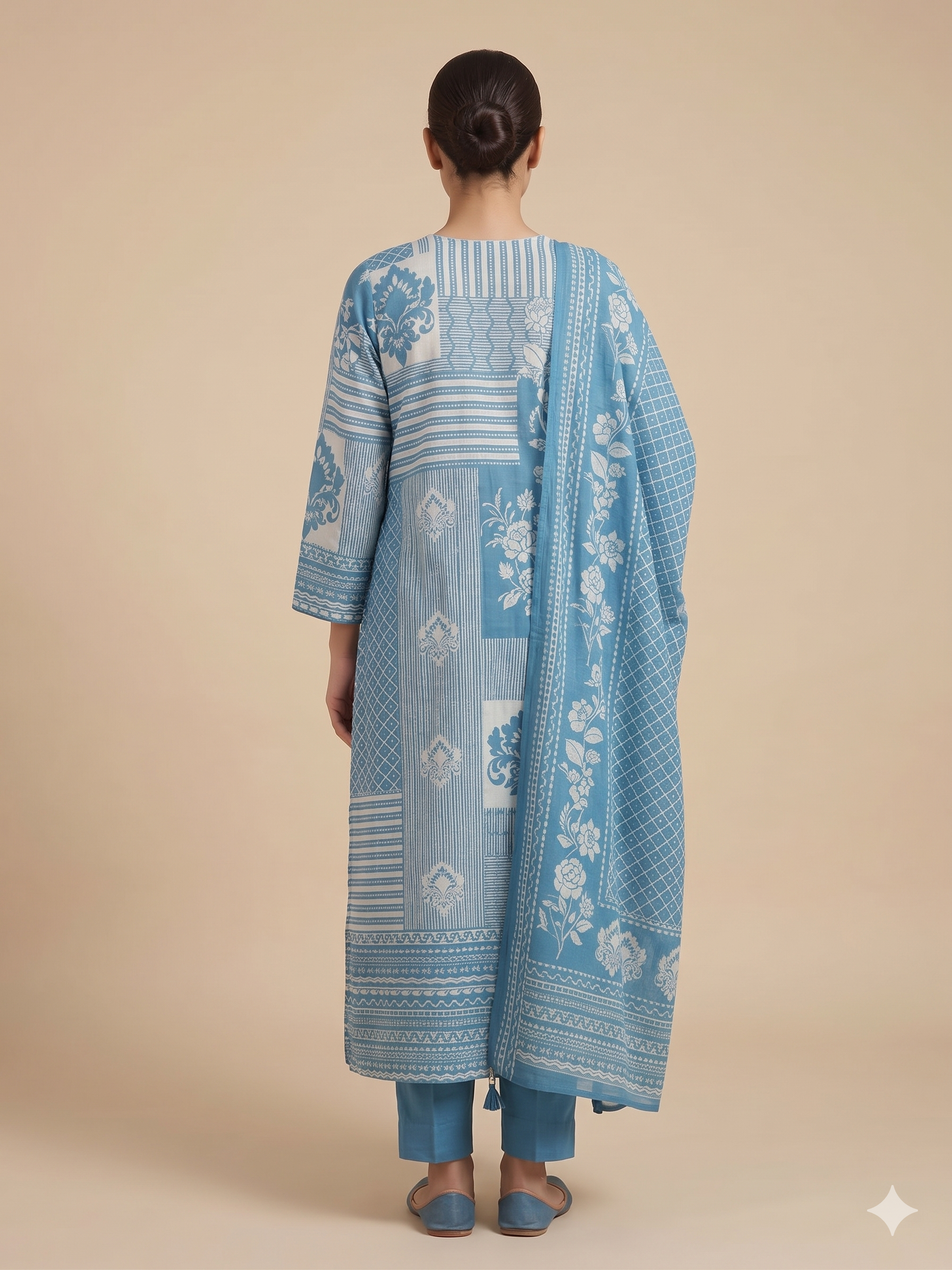 Cerulean Blue Patchwork Print Kurta Set