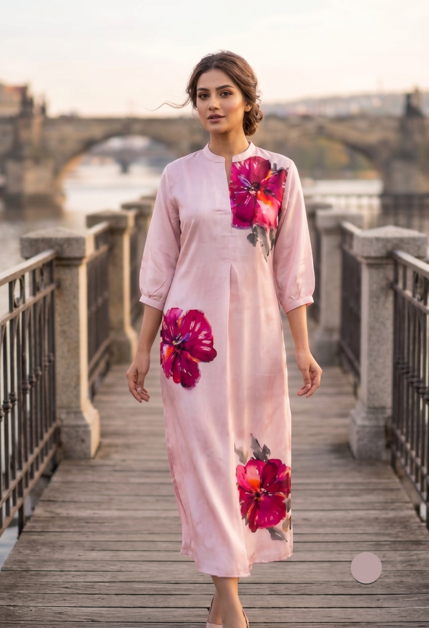 Blush Pink Floral Hand-Painted Silk Kurti