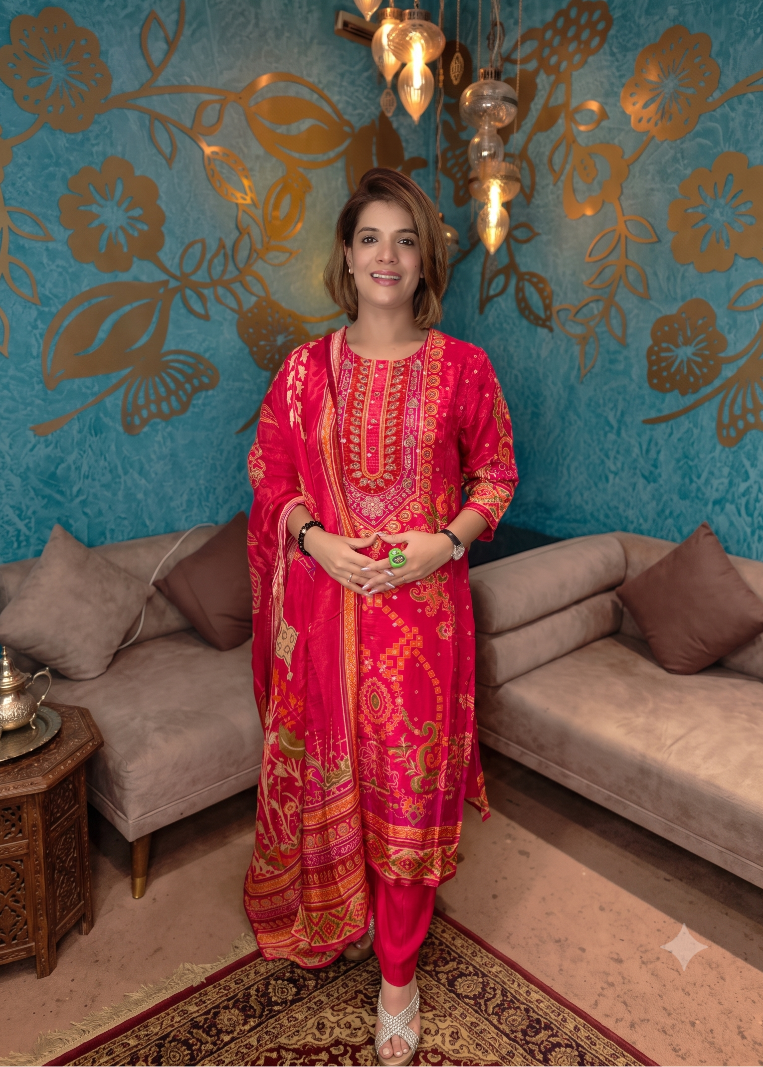 Red Printed Silk Suit Set Main image