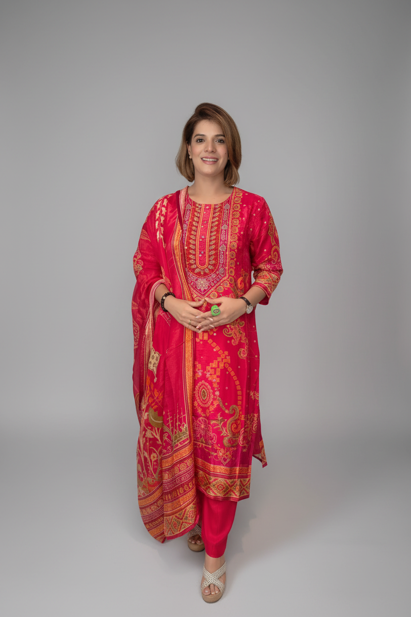 Red Printed Silk Suit Set Main image