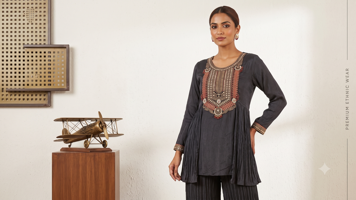 Charcoal Grey Embroidered Bib Short Kurti &amp; Pleated Pant Set