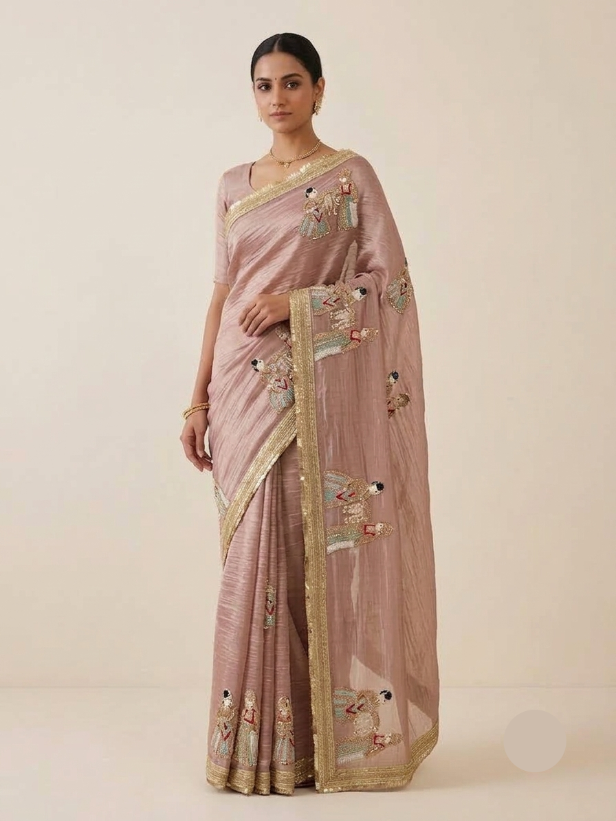 Dusty Pink Tissue Saree with Traditional Embroidery Main image