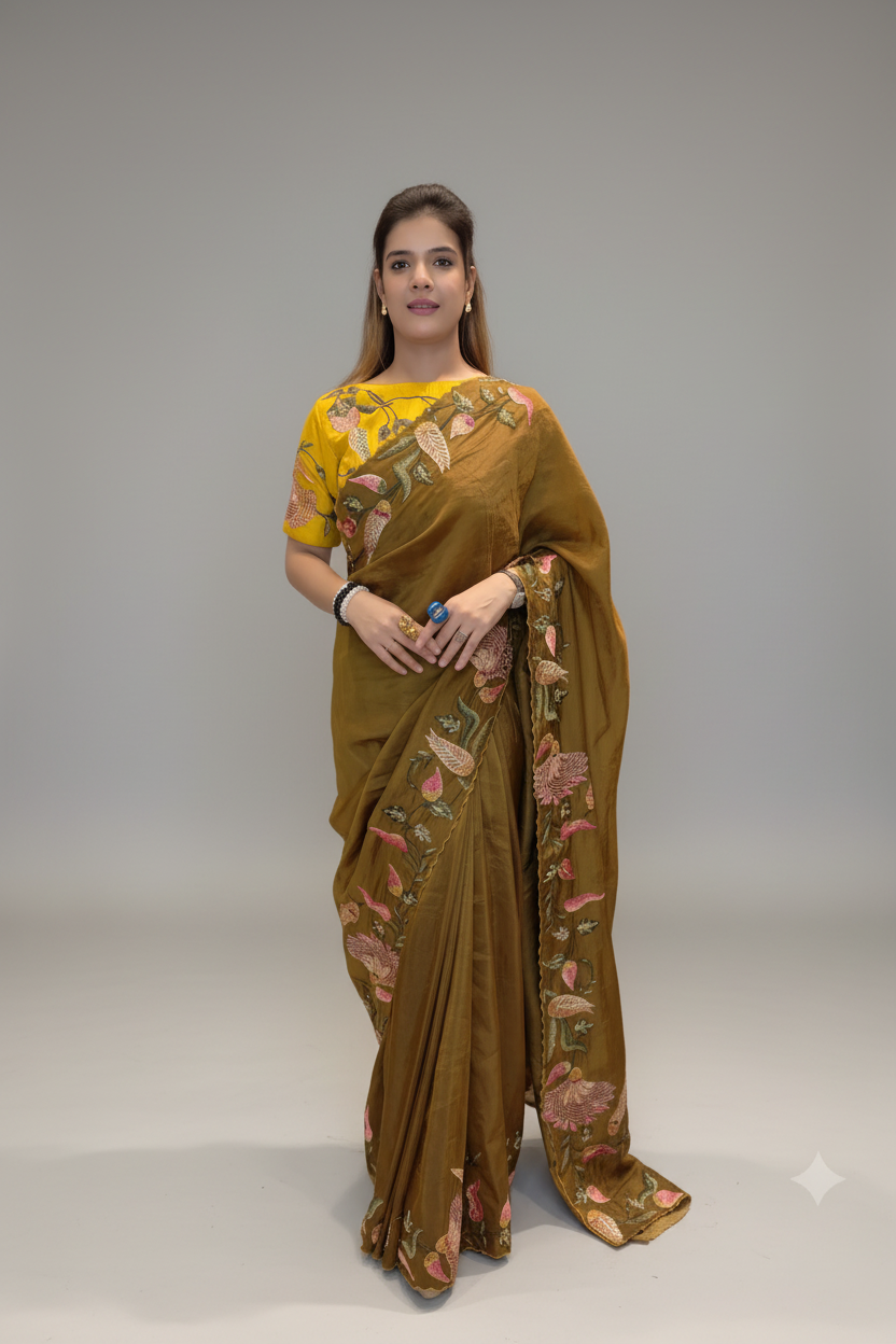Olive Green Floral Silk Saree Main image