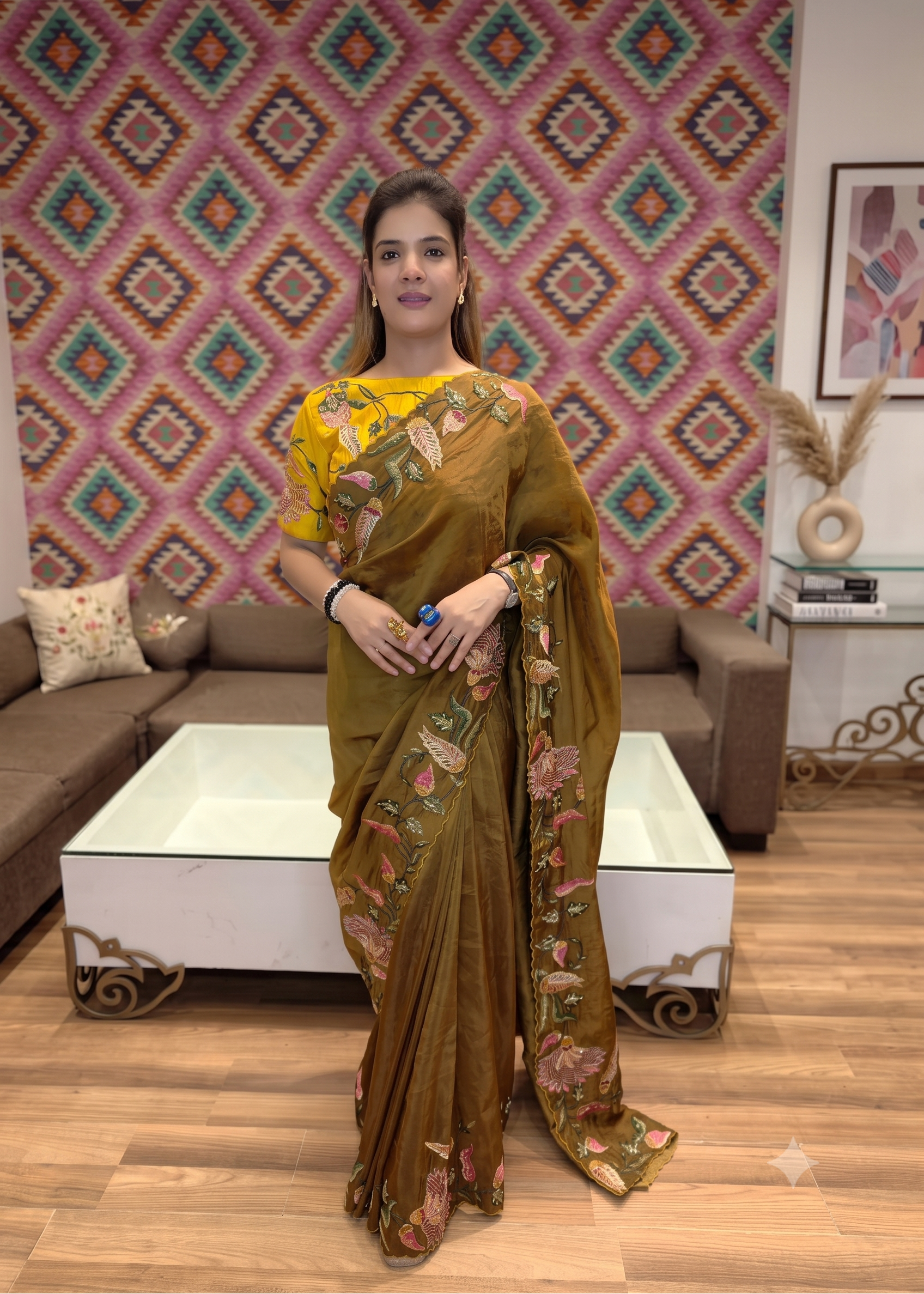 Olive Green Floral Silk Saree