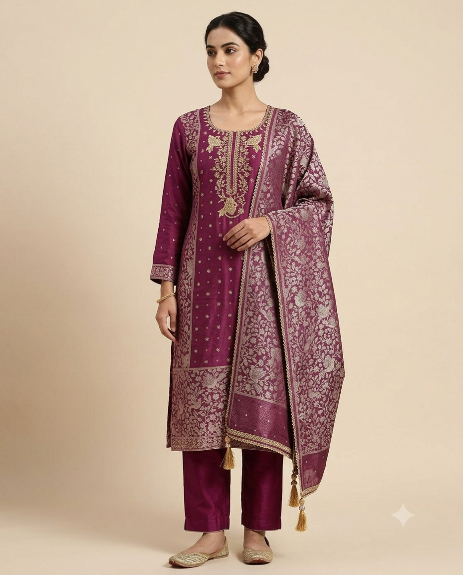Wine Purple Embroidered Kurta Pant Set